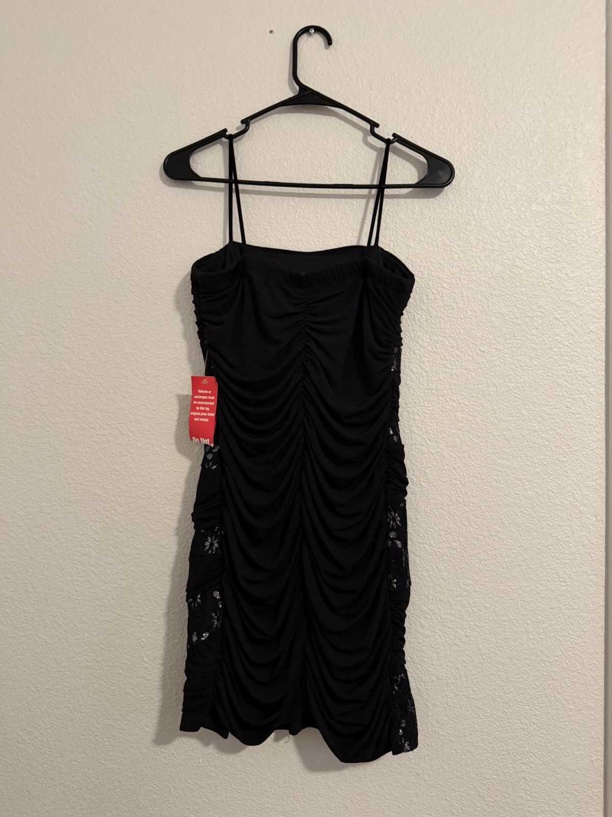 90s/00s Sweet Storm Women’s Black Floral Lace Ruched Mini Dress Size L