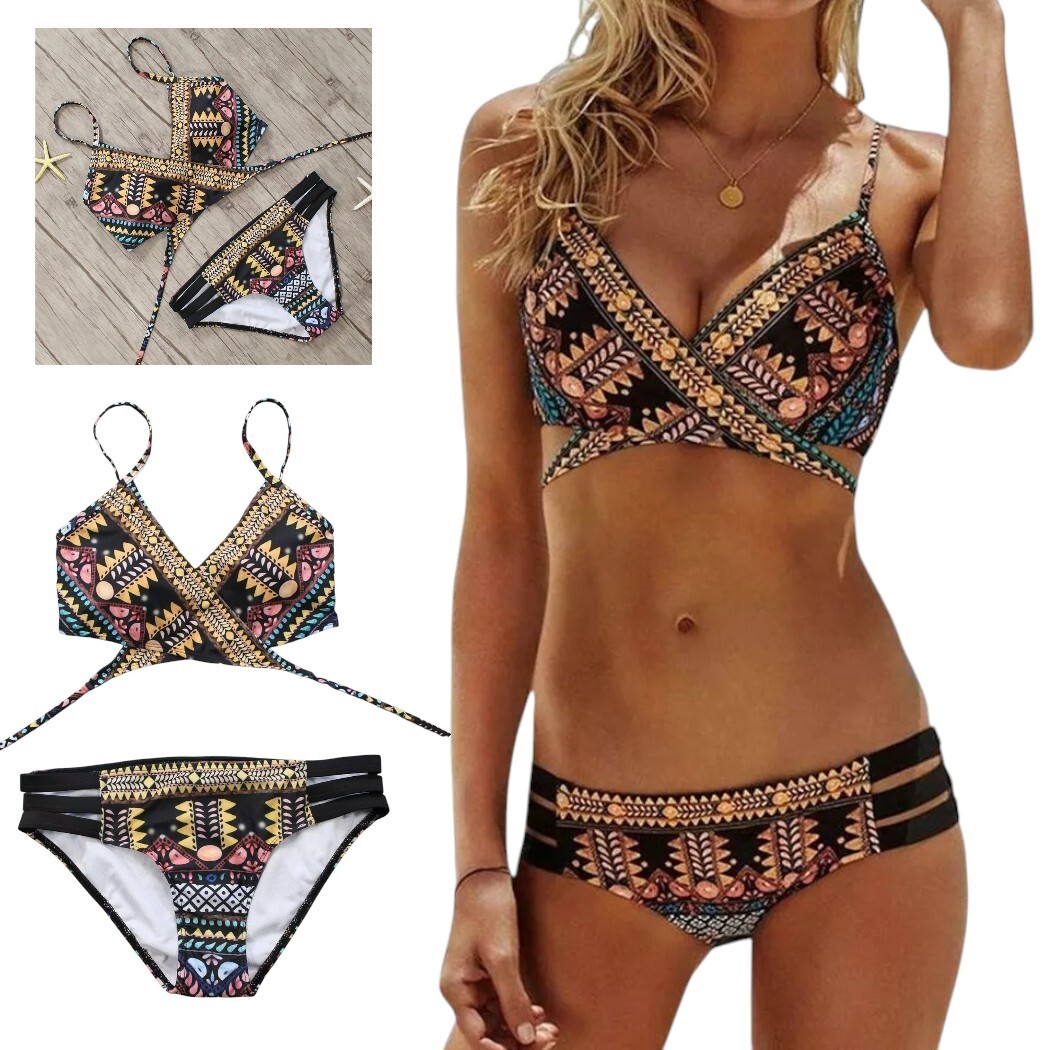 Aztec Bandage Bikini Set Hipster Bottom Spaghetti Straps Size S 28″ Waist / 28B