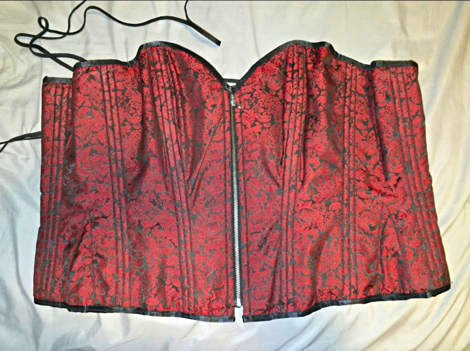 Corset-Story Red Black Floral Overbust Corset Lace Up Zip Boned Strapless 44D