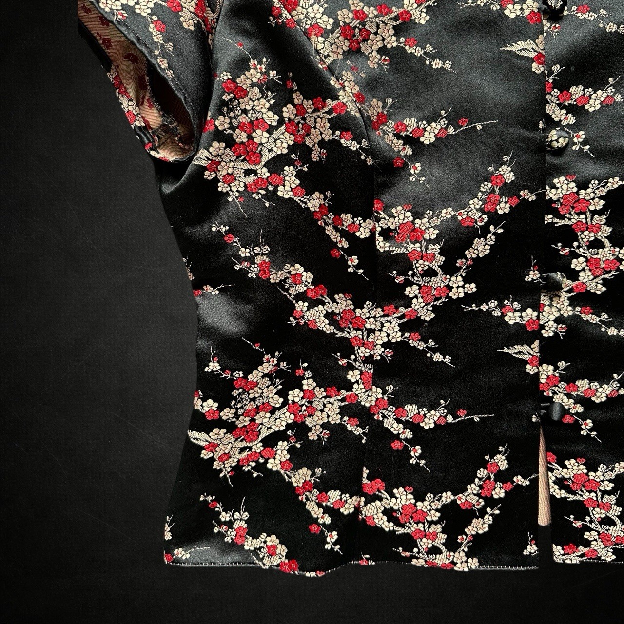 Principles Womens Y2K Asian Inspired Top 14 Black Red Floral Fitted Blouse 90s