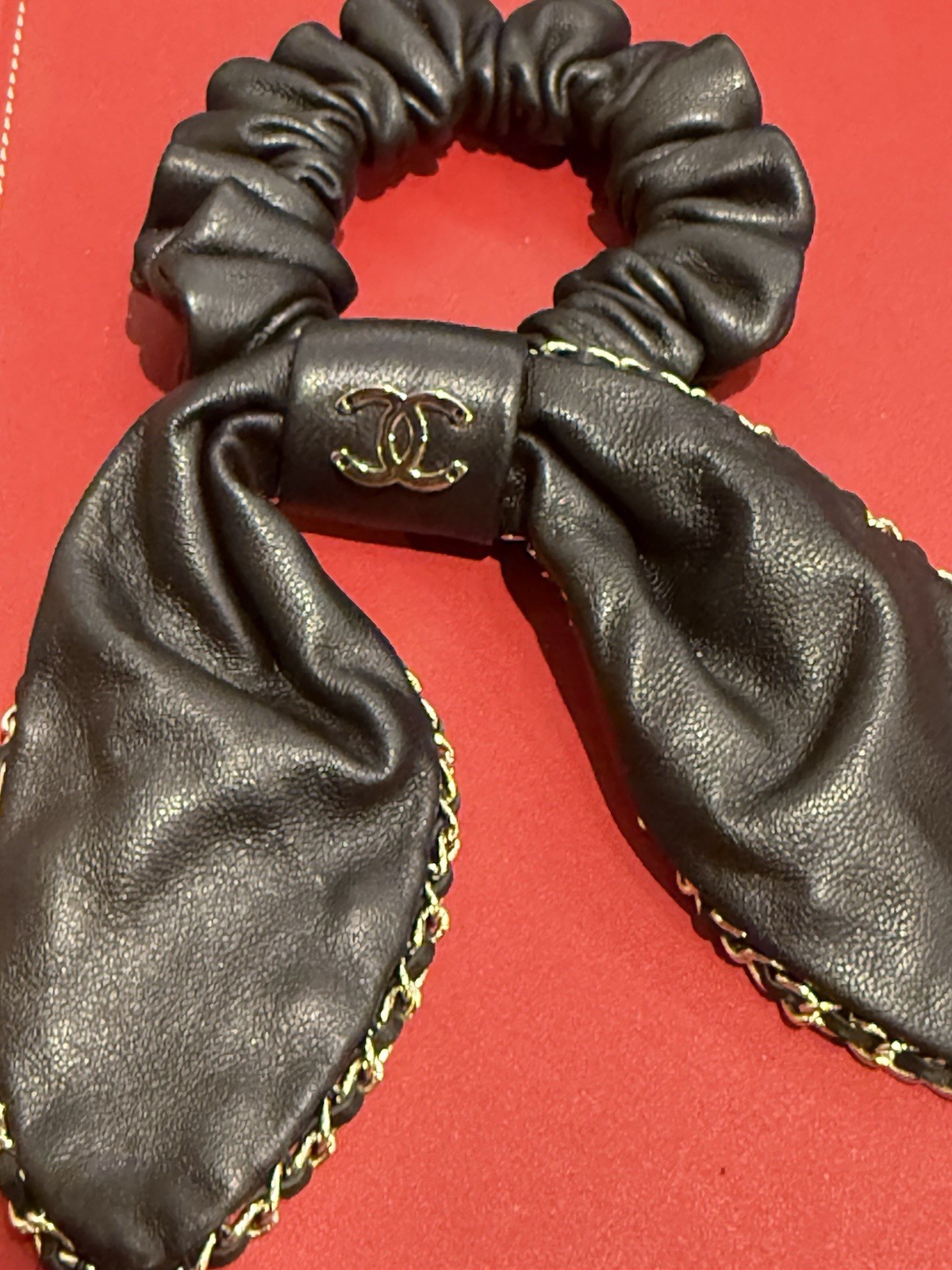 CHANEL AA8258 Ribbon Bow CC Logo Chain Scrunchie Lambskin, Black Hair Accessory