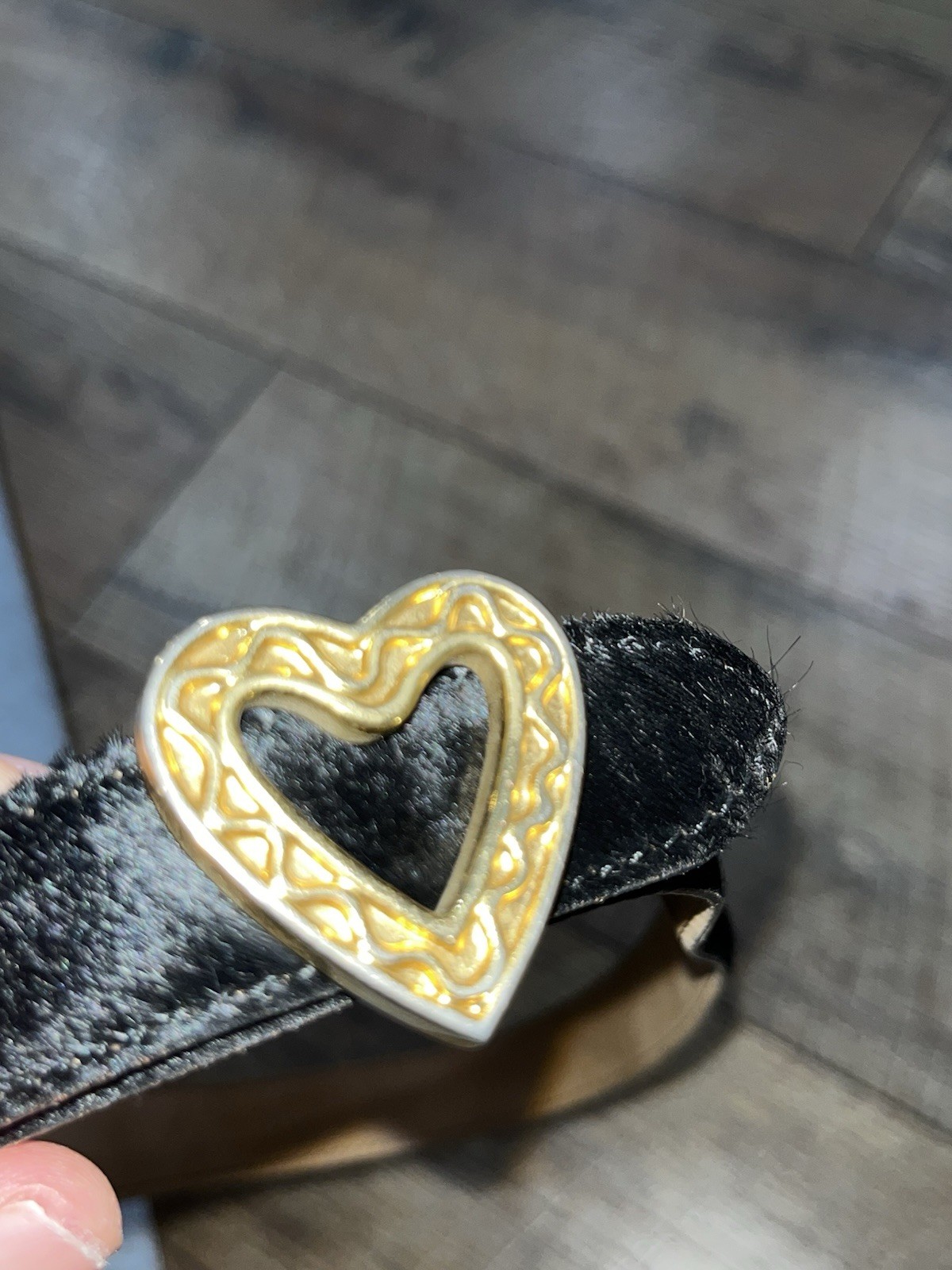 Vintage 90s Moschino Redwall Heart Buckle Black Furry Leather Belt Italy 28-32