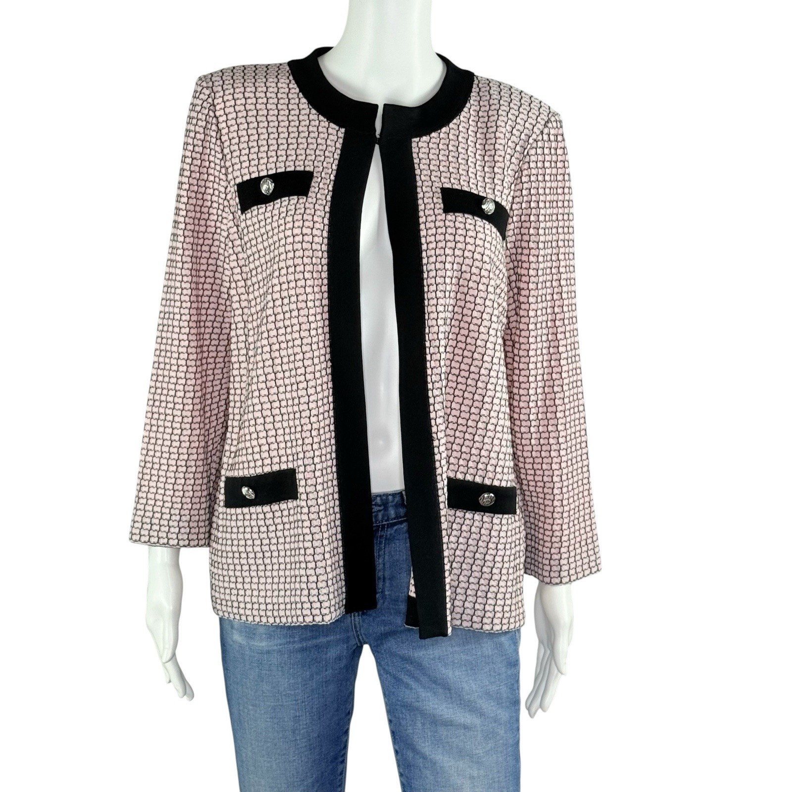 NWT Ming Wang Pale Pink & Black Knit Cardigan Sweater Jacket Top Heritage Fit M