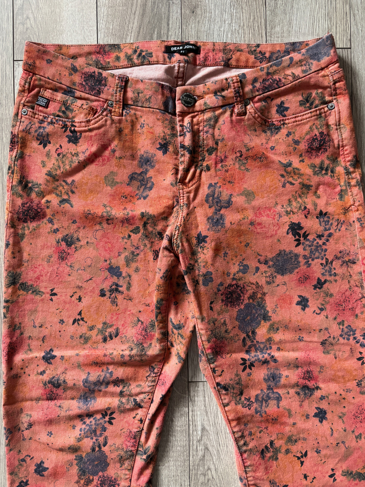 Dear John Coral Floral Print Ankle Skinny Jeans Womens Size 31 Guava Girl Boho