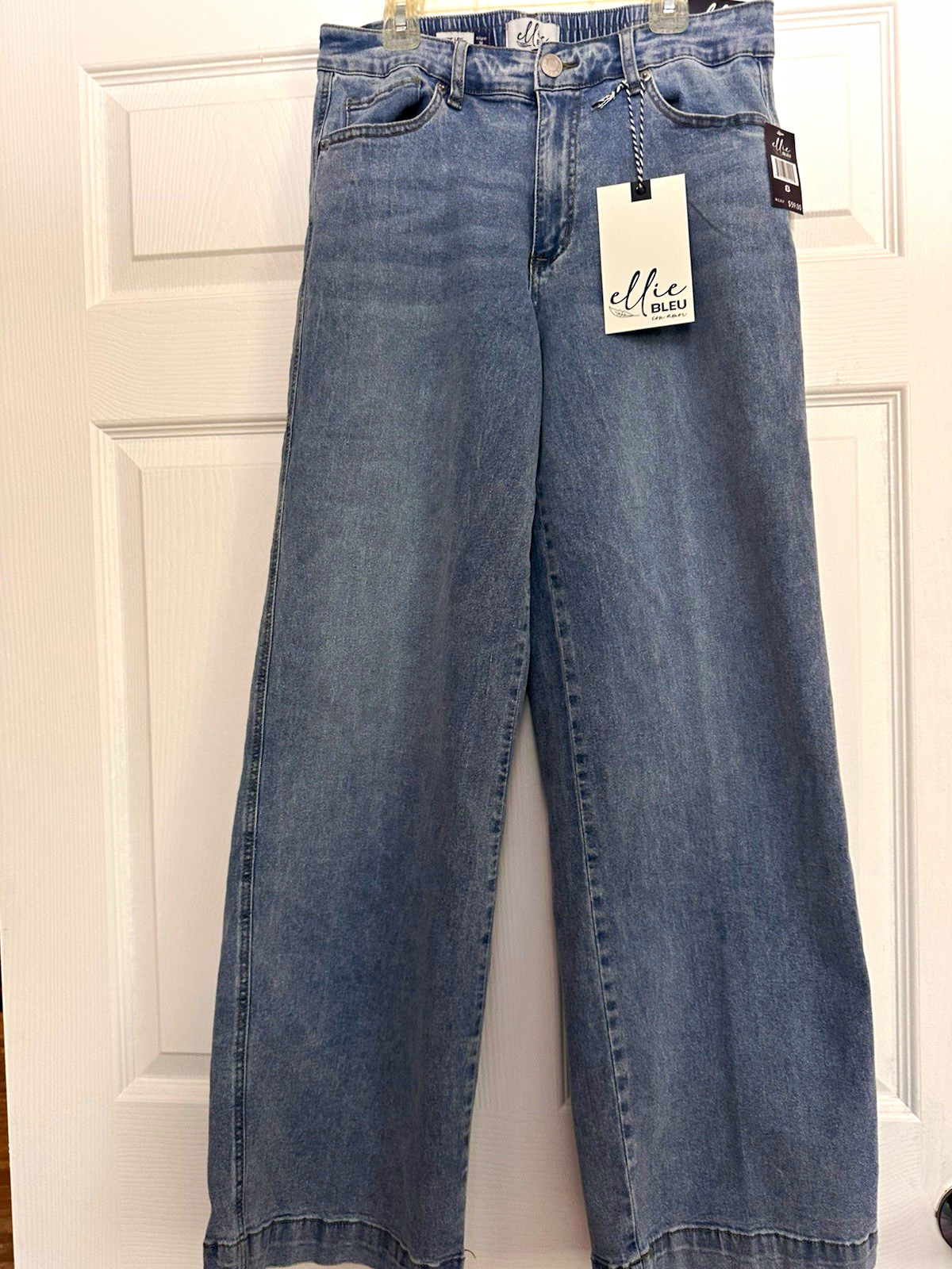 Ellie Bleu Blue Denim Wide-Leg Mid Rise Pants Womens 8 Pockets Button