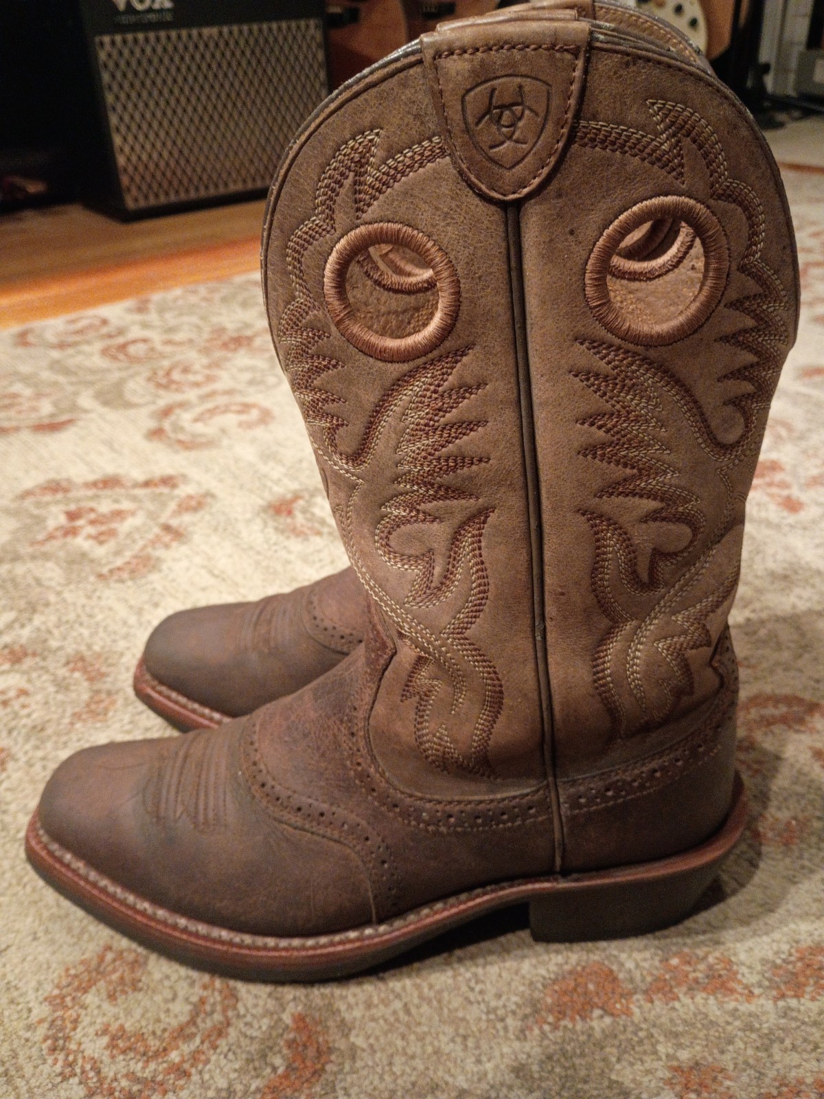 ARIAT ROUGHSTOCK BROWN BULLHIDE LEATHER SQUARE TOE COWBOY BOOTS #34828 MENS 7.5D