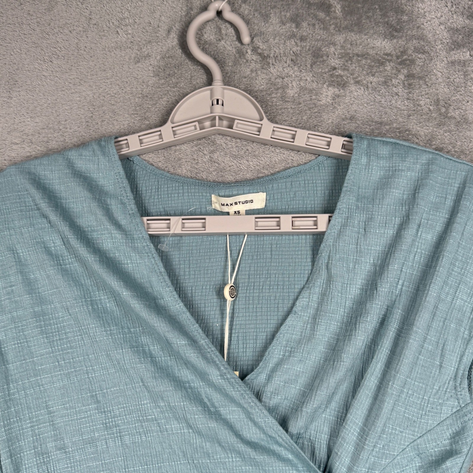 Max Studio Blouse Womens XS Mineral Blue Ruched Wrap Top Sleeveless Stretch
