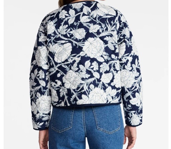 Navy Floral Grandmacore Quilted Midweight Cotton Cottagecore L Button Up Jacket