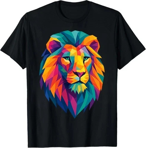 Colorful Geometric Lion Head T-Shirt–Bold Vibrant Art Design