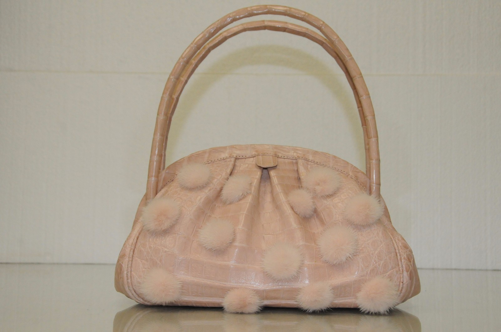 $3600 NEW Nancy Gonzalez Pale Pink CROCODILE Mink Pom Pom BAG Clutch