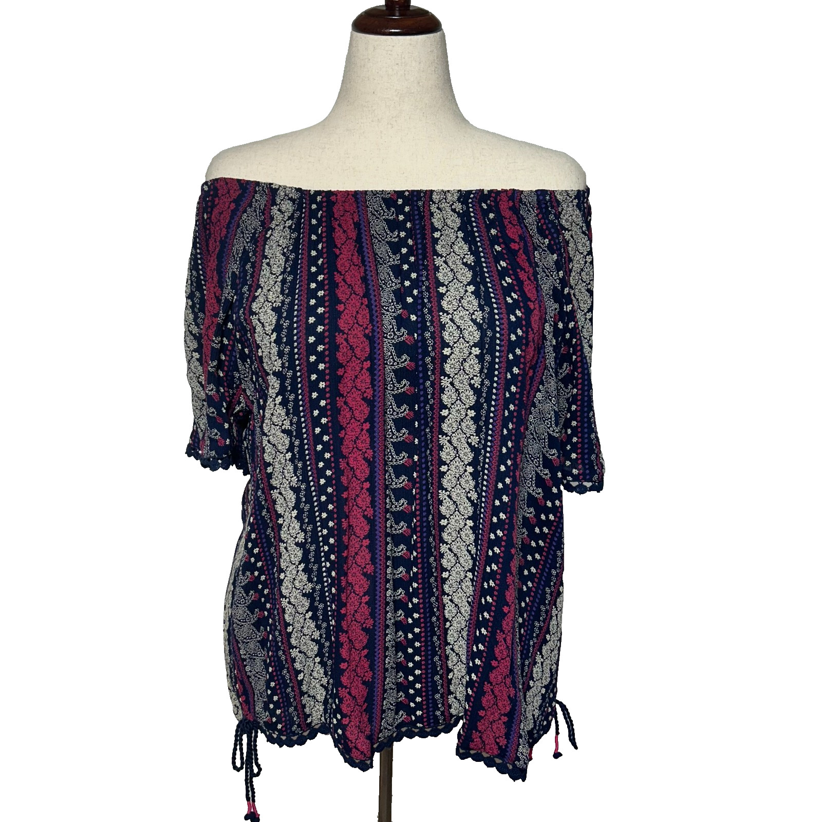 Westport Top Womens 2X Red Blue Floral Paisley Lace Trim Peasant Boho NWT