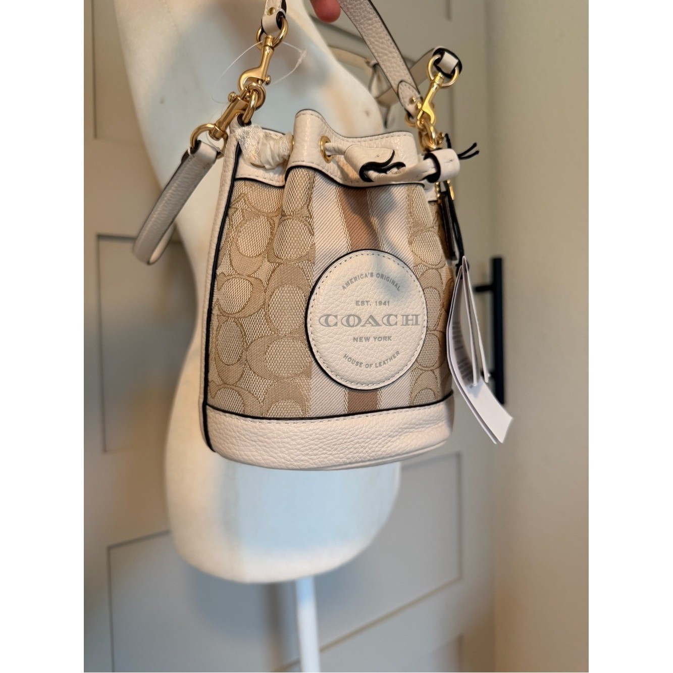 Coach Mini Dempsey Bucket Bag in Beige and White with Signature Logo