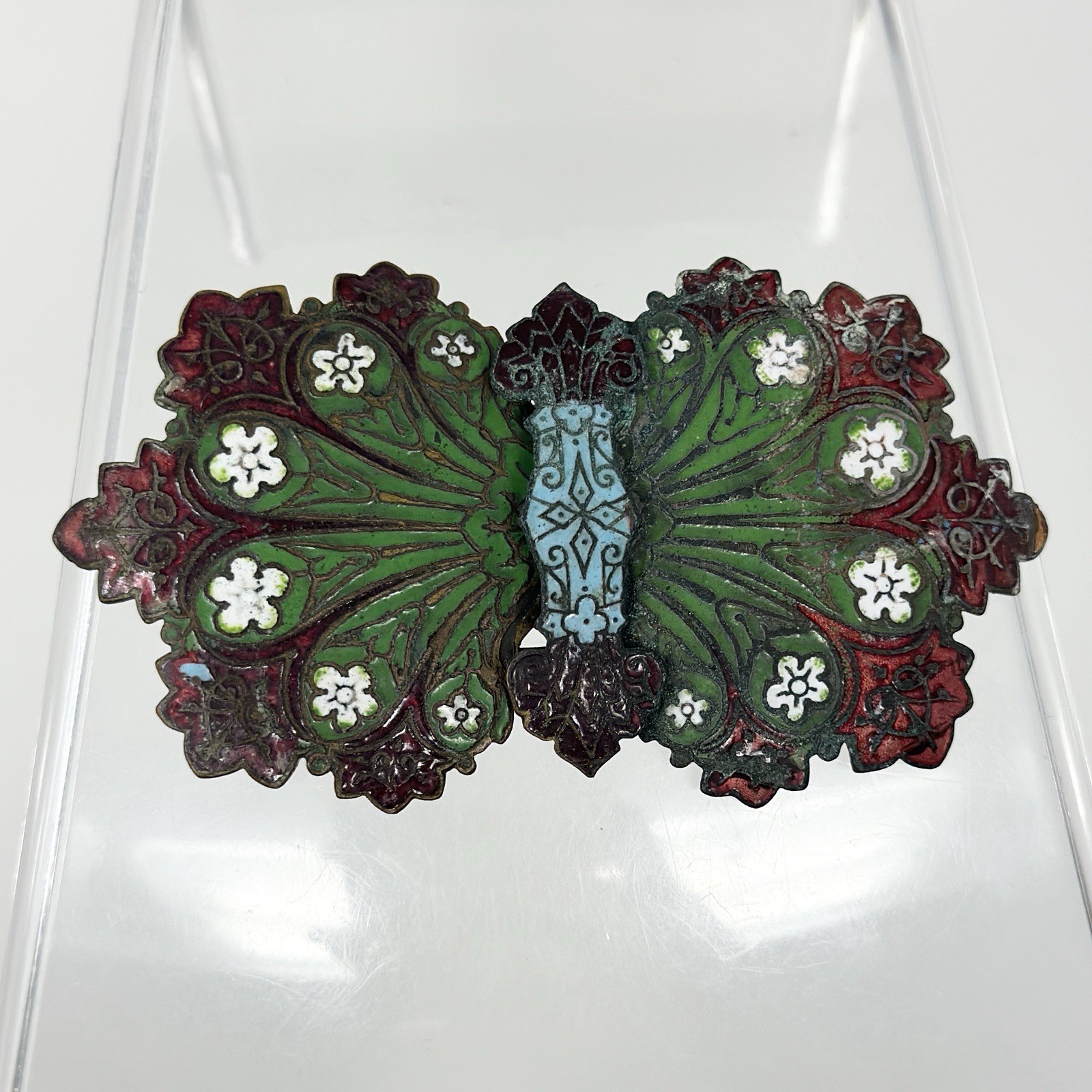 Antique Art Nouveau Chinese Two Part Ginbari Cloisonné Enamel Brass Belt Buckle