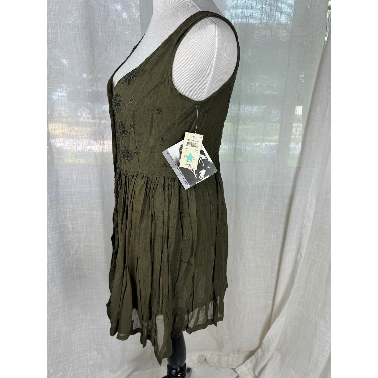 Bongo Vintage 90s Olive Green Embroidered Button Front Dress NWT Size M