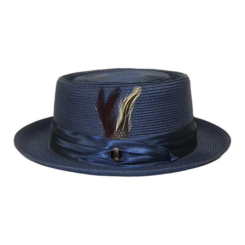 Men’s Bruno Capelo RAFAELE Braid Straw Pork Pie Hat Telescope Crown RF-402 Navy