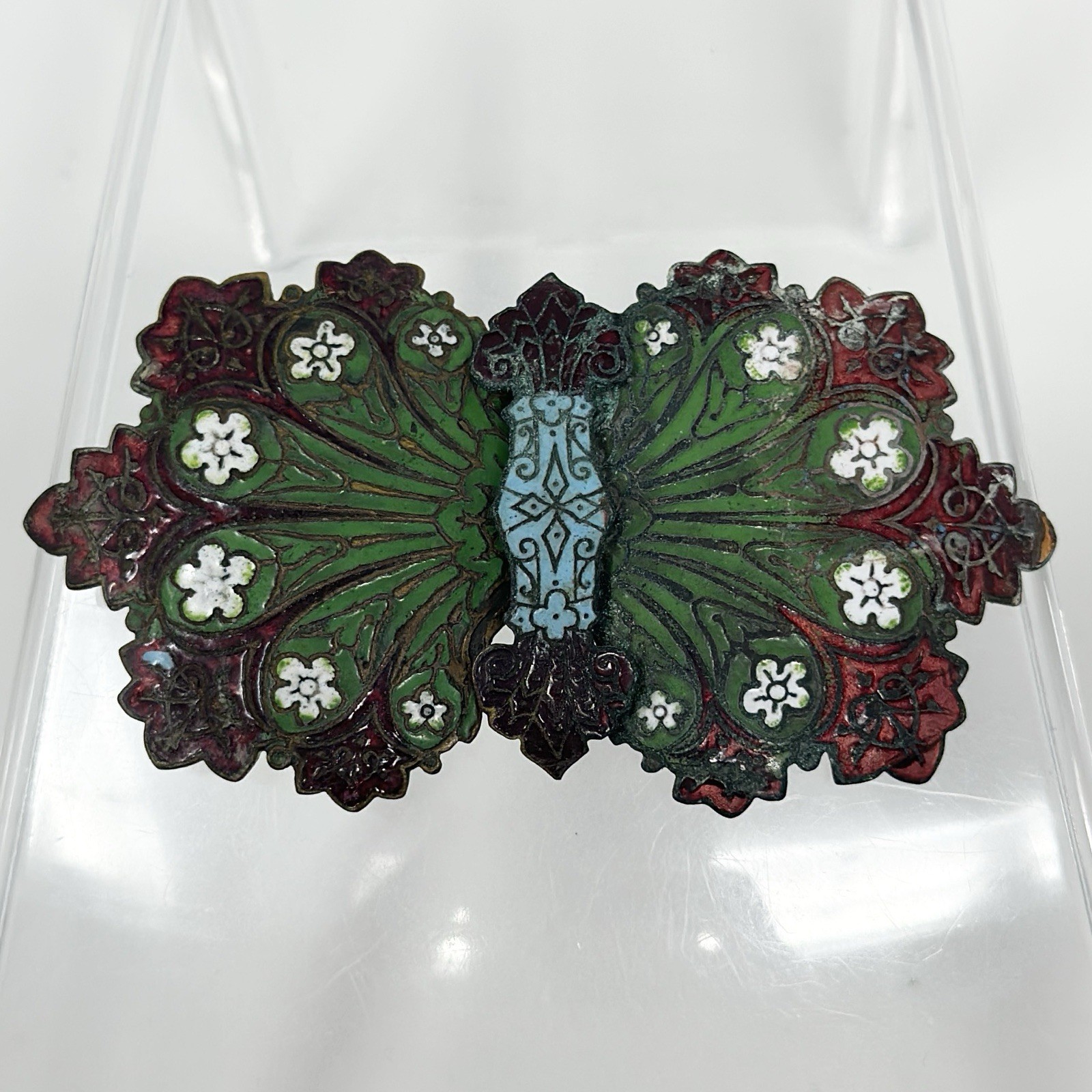 Antique Art Nouveau Chinese Two Part Ginbari Cloisonné Enamel Brass Belt Buckle