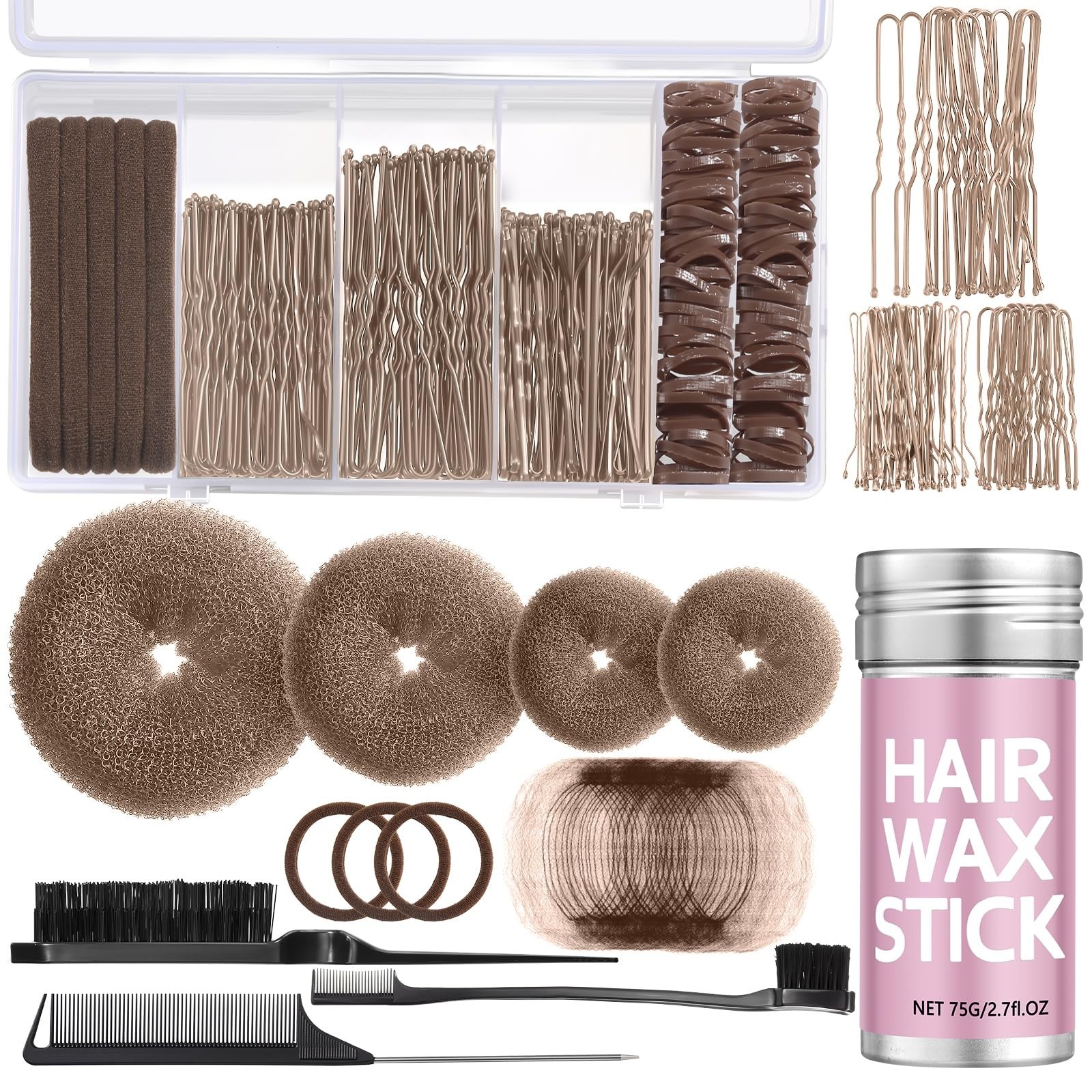 Hair Bun Maker Set – Donut Bun Tool, Bobby Pins, Hair Wax Stick & Net – Tan Brow
