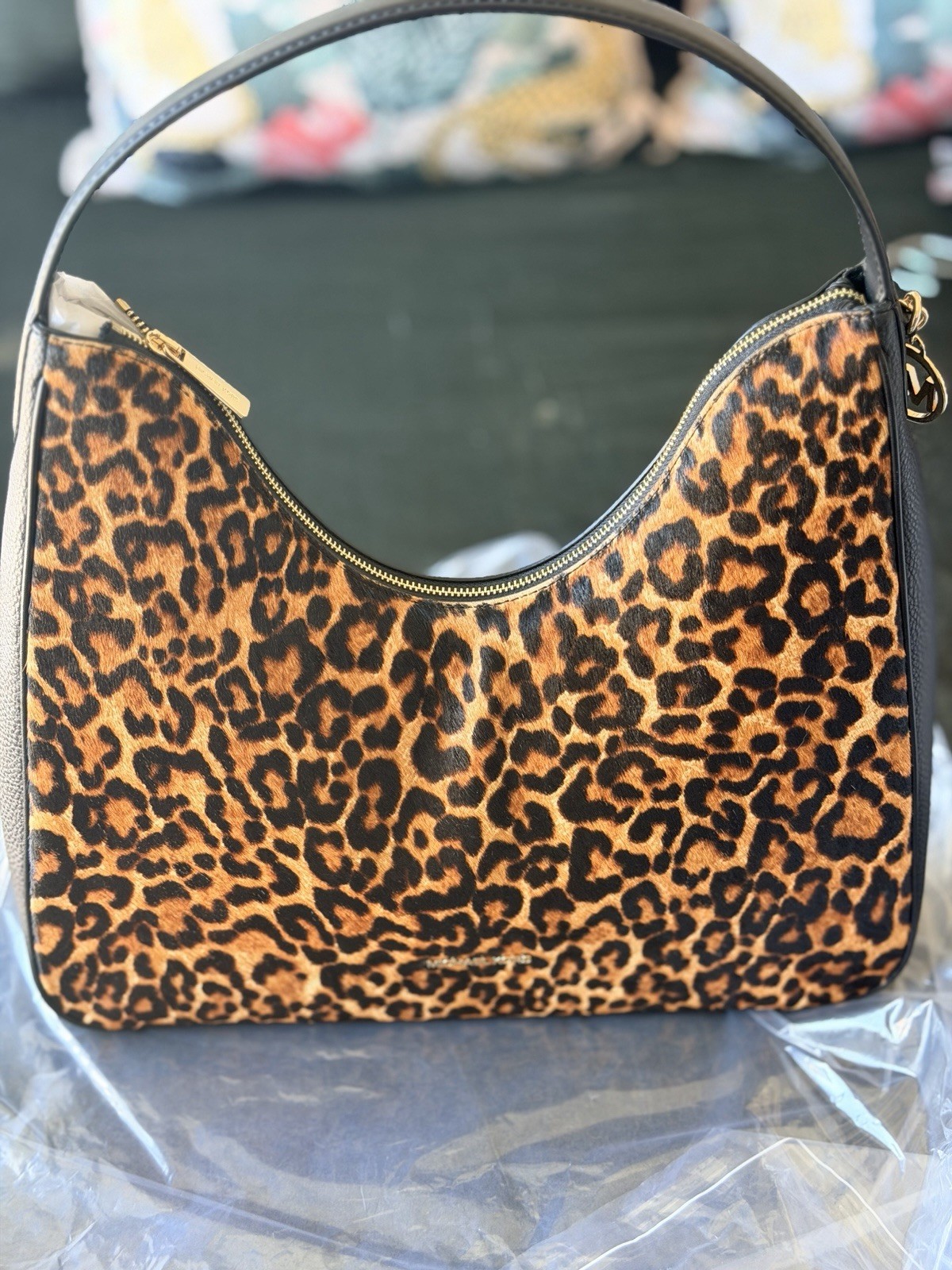 MICHAEL KORS Nolita Large Leopard Print Calf Hair Hobo Shoulder Bag