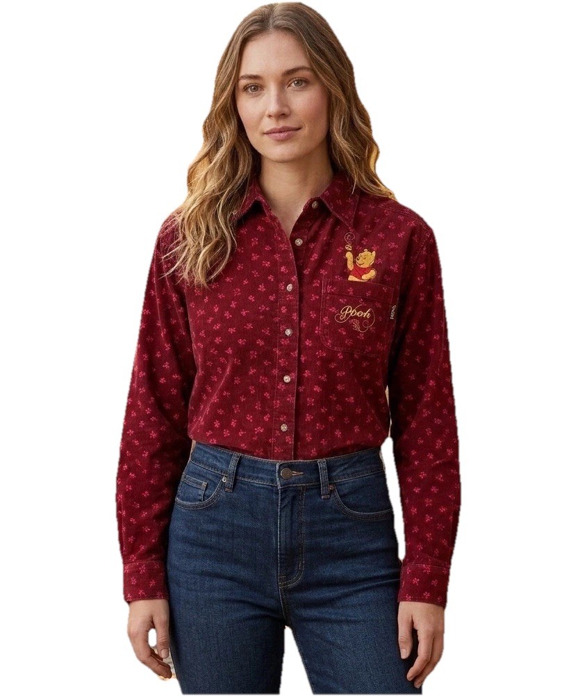 Winnie The Pooh Women’s Burgundy Corduroy Embroidered Button Shirt Medium NWT