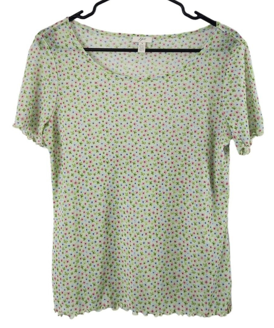 J Jill Womens S Semi-Sheer Floral Top Short Sleeve Shirt Lightweight Green