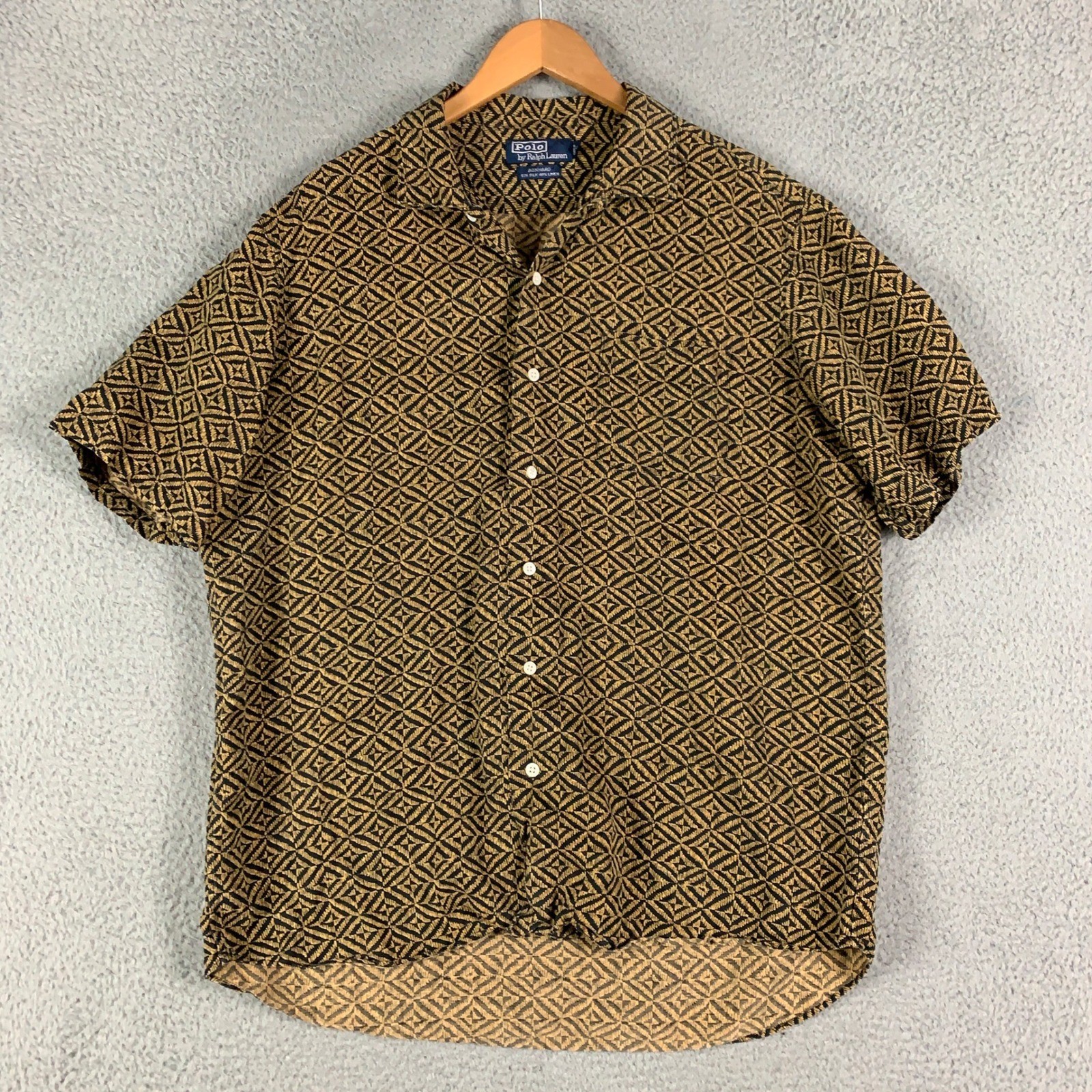 Polo Ralph Lauren Bonnard Shirt Mens Large Gold Silk Linen Geometric Camp Collar