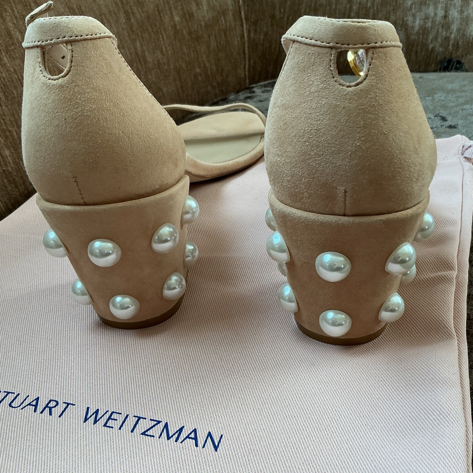 Stuart Weitzman Beige Suede Strappy Ankle Strap Pearl Sandals Womens 11 M