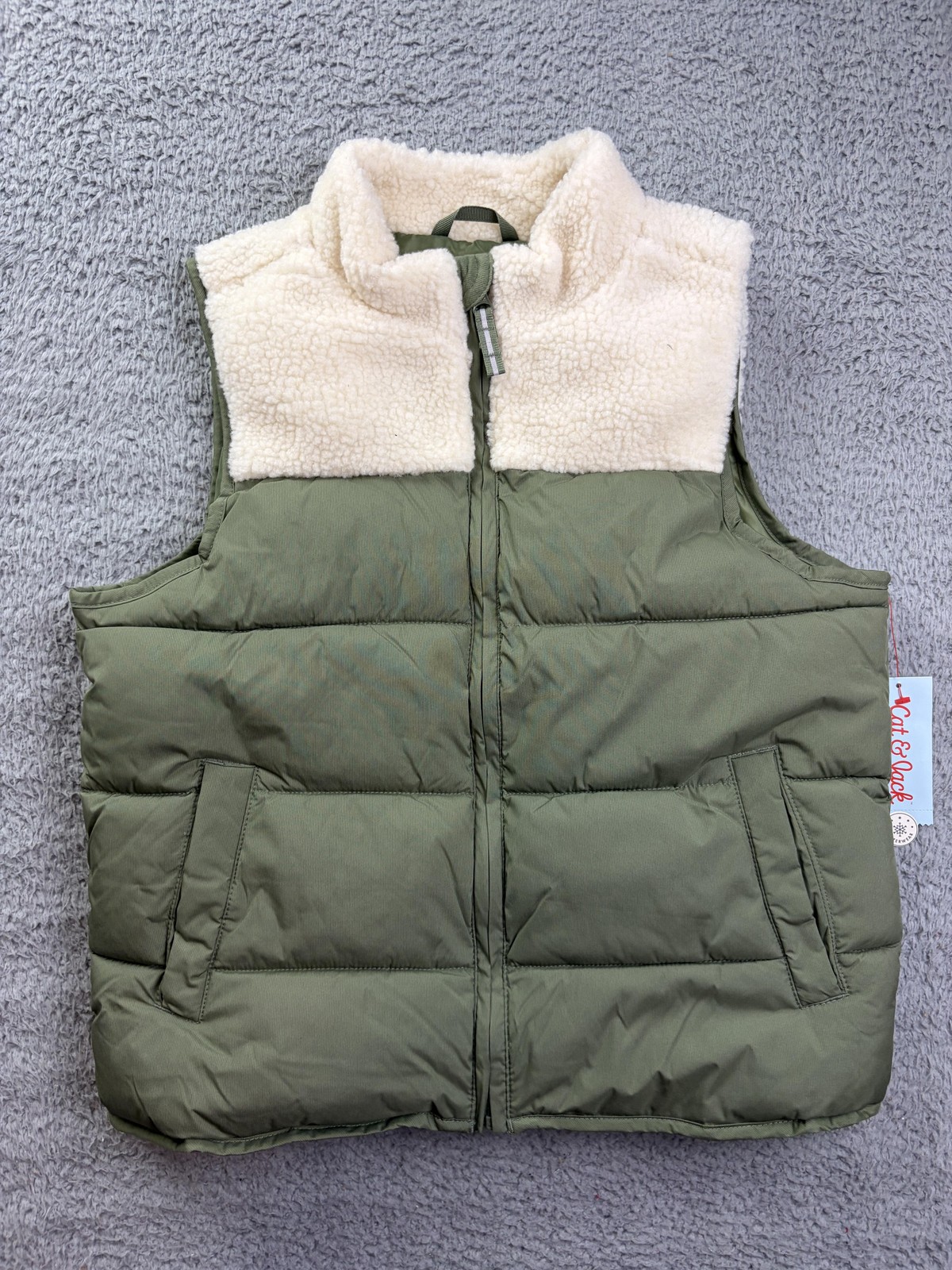 Cat & Jack Vest Boys Large 10/12 Green Sherpa Puffer Quilted Full Zip NWT