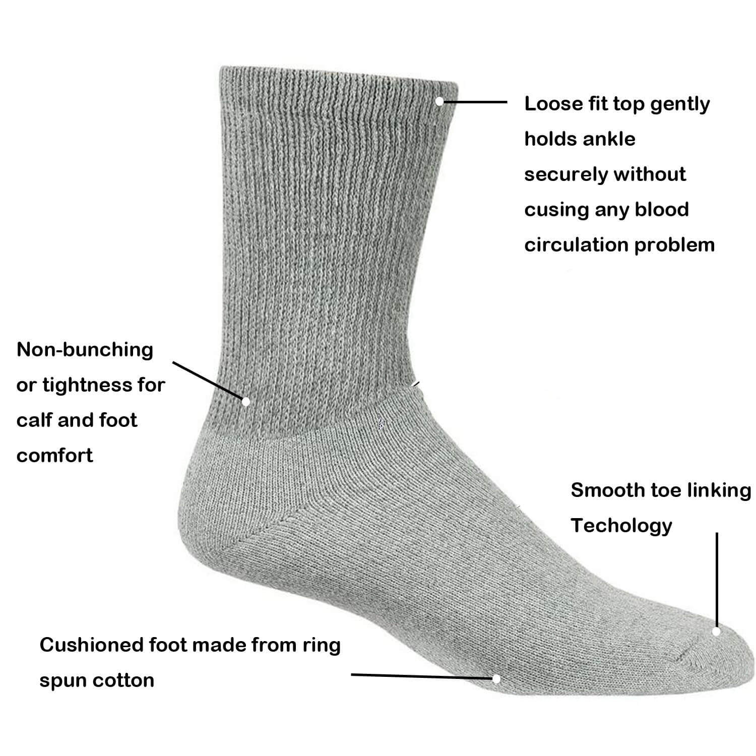Mens Womens Diabetic Crew / Ankle Socks Cotton 6-Pack Non-Binding Cushion Sole