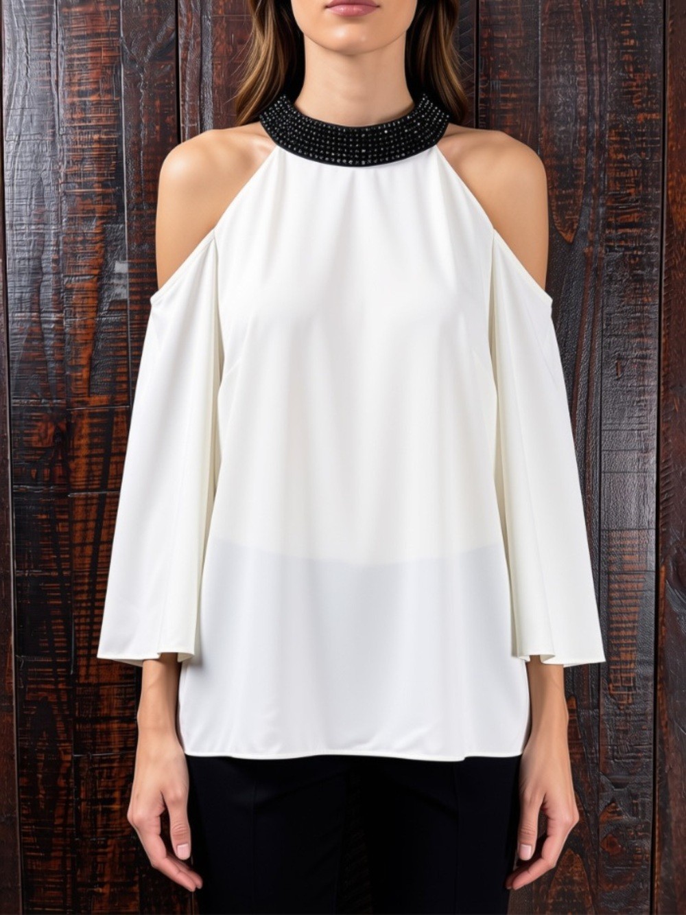 MSK Off-white Cold-Shoulder Dressy Halter Top with Embellished Neckline Large