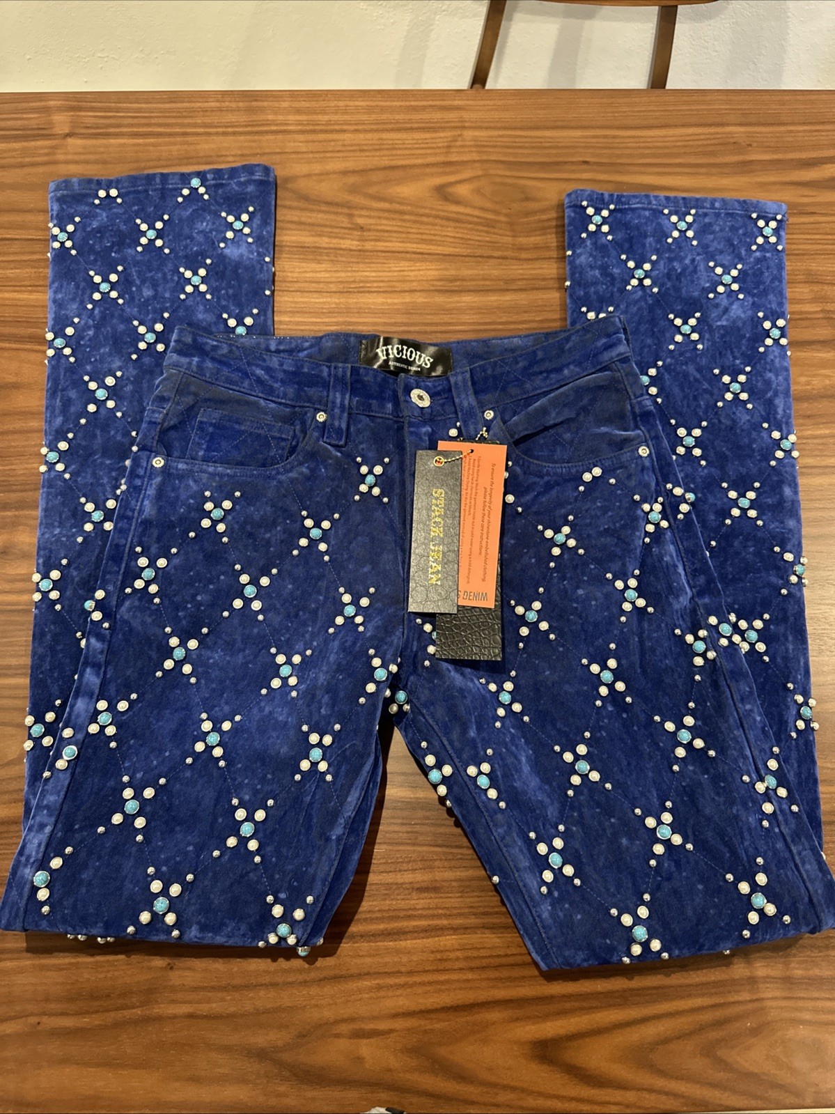 Viscious Velvet Jean Royal Size 30×34 Embellished Turquoise/Pearl/Studded Jewels
