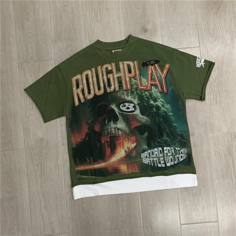RoughPlay Skull Print Loose Beaded Washed Vintage Fake Two-Tone T-Shirts