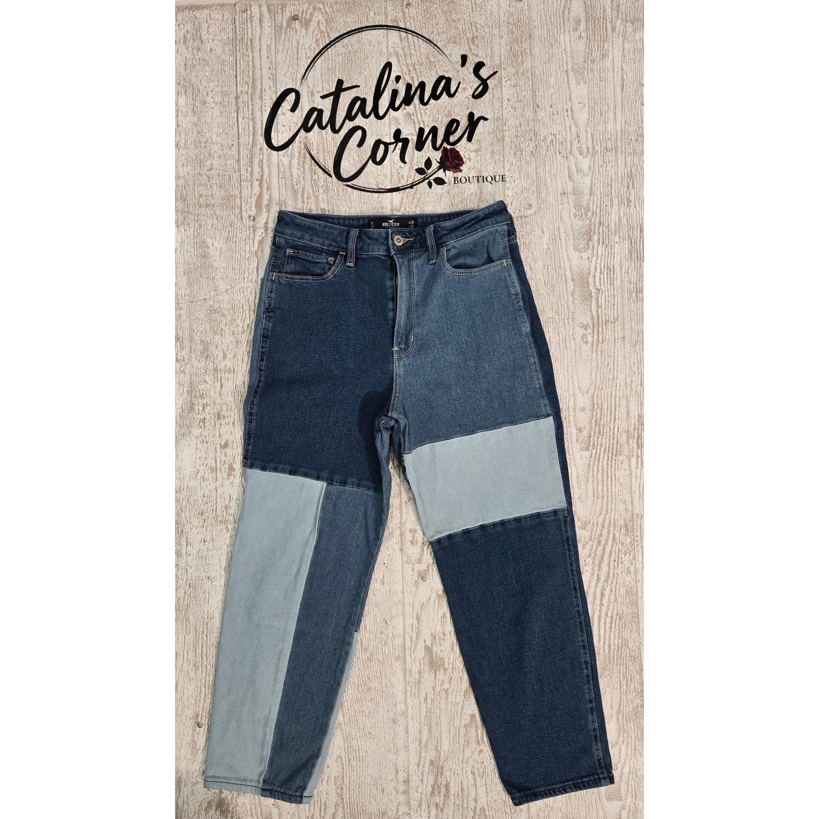 Hollister Patchwork High Rise Mom Y2K Retro Straight Jeans Colorblock Size 7S