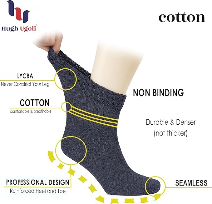 Cotton Diabetic Men’s Socks, Ankle, Loose, Wide Stretchy, 8 Pairs, by Hugh Ugoli