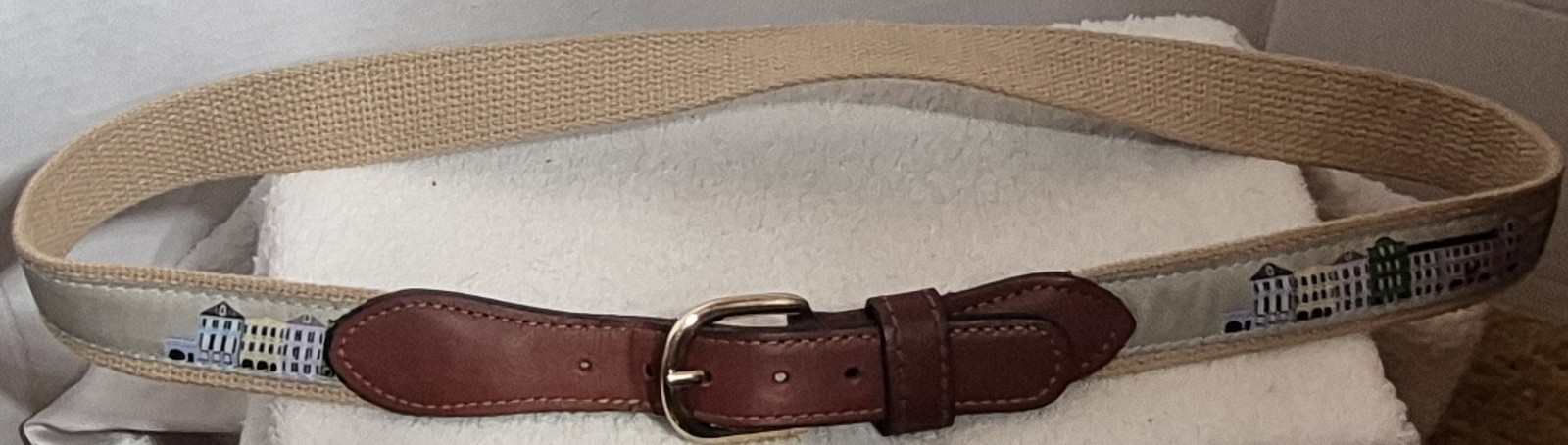 Rainbow Row Coastal Houses Canvas Leather Belt Preppy Colorful Houses Size 36