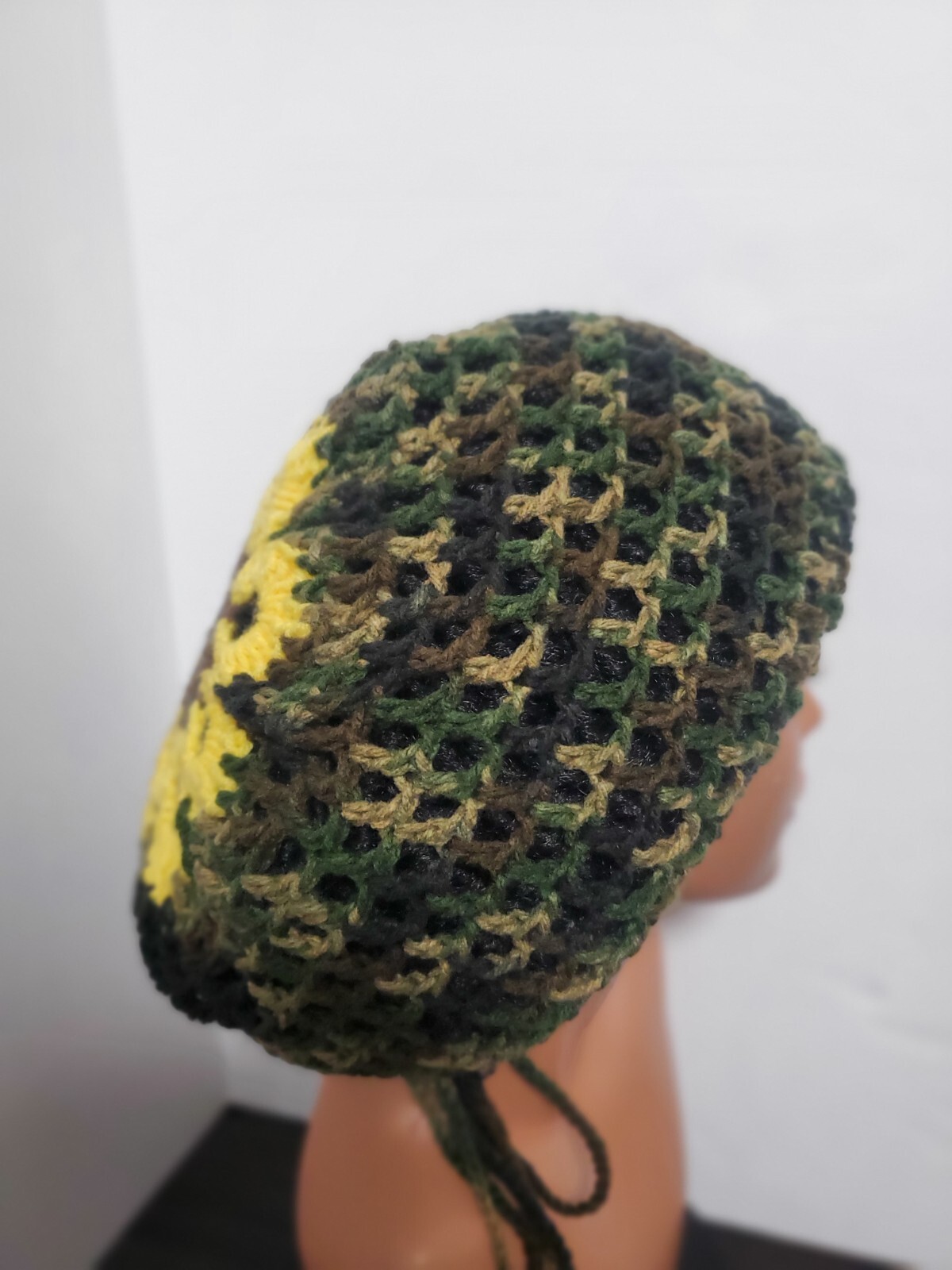 Camouflage Crochet Flower Tam Slouch Hat With Drawstring Handmade One Size