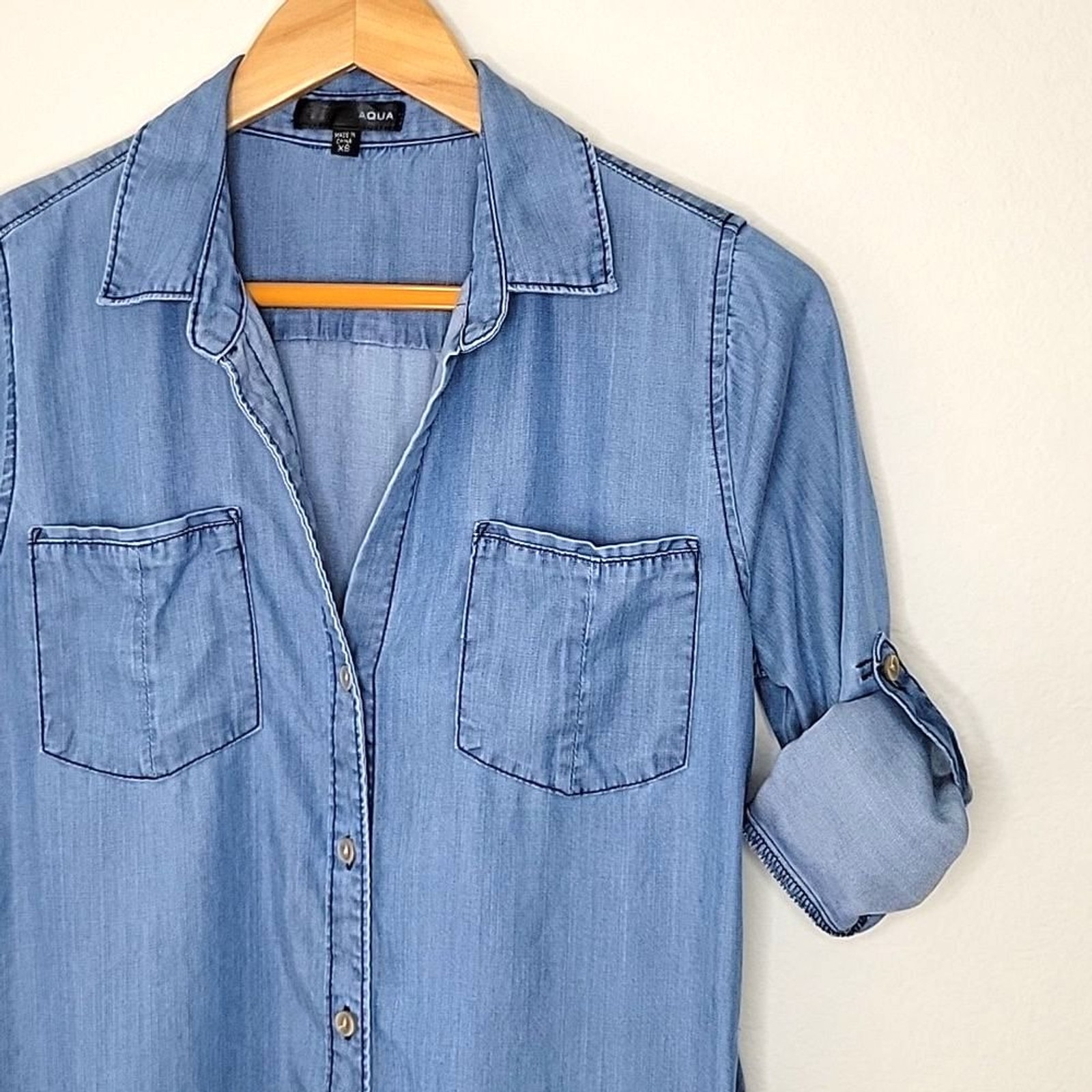AQUA Bloomingdale’s Blue 100% Tencel Long Sleeve Collared Tunic Shirt size XS
