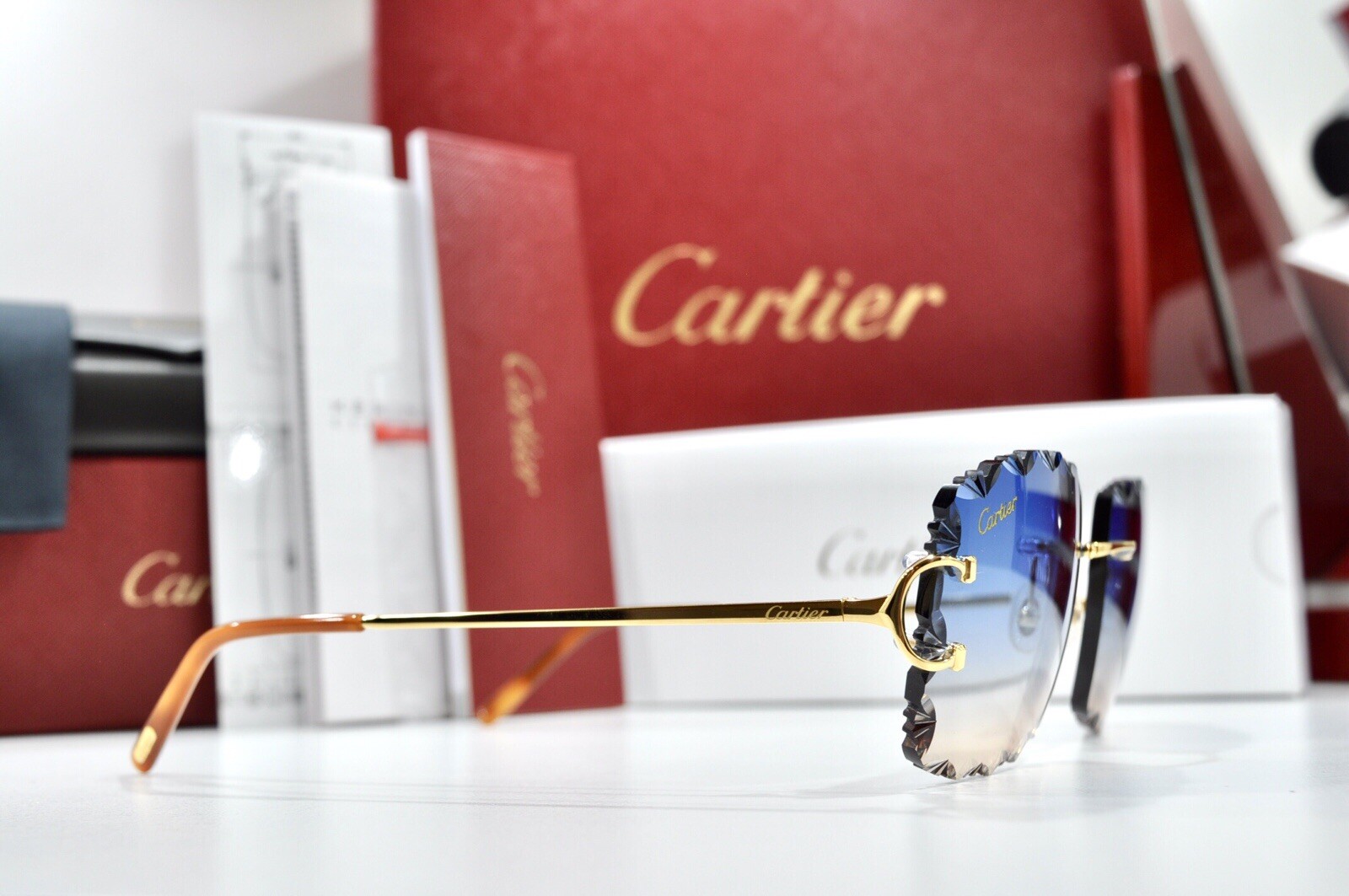 New Cartier rimless sunglasses fred glasses Diamond Cut decor BIG C gold Frame