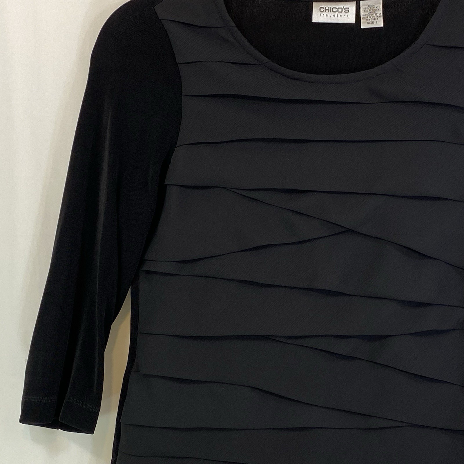 Chicos Travelers Size 1 Top Black Chiffon Layer Ruffle Front Scoop Neck Women M