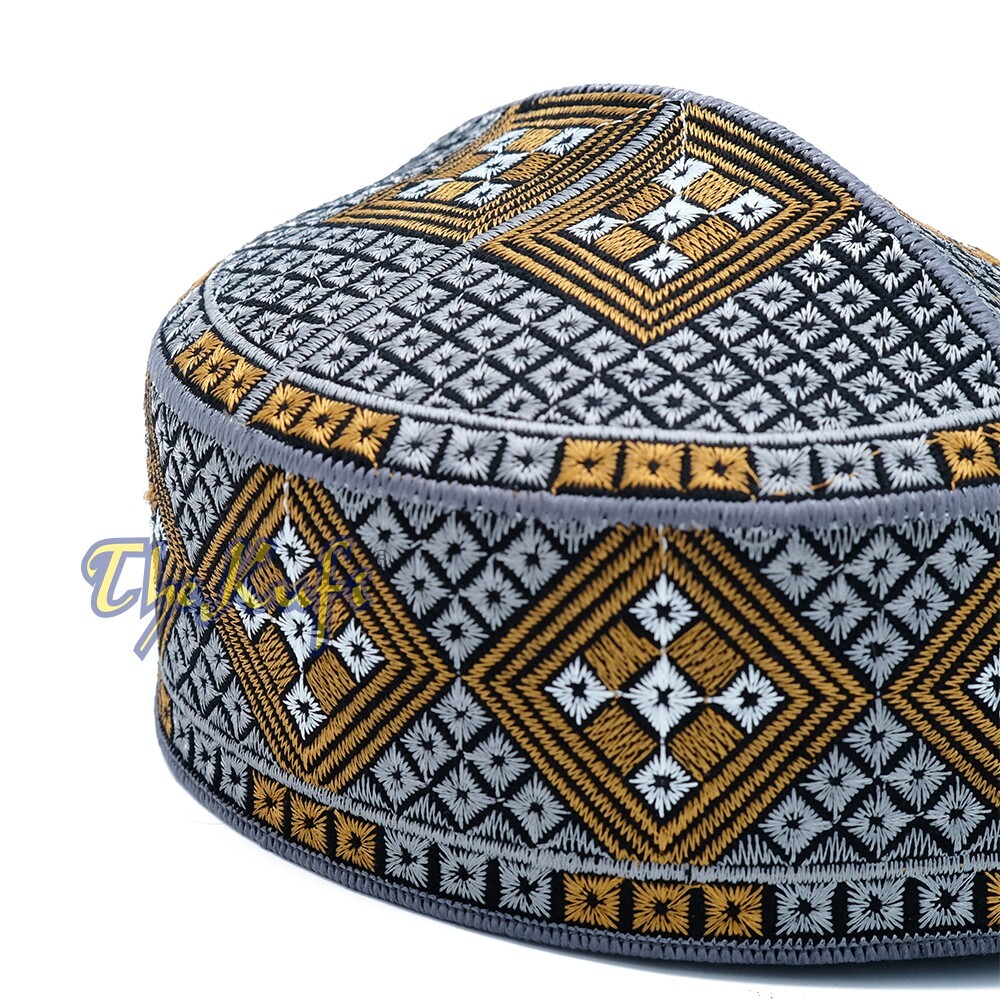 Dark Gray Rust Brown Embroidered Diamond Design Semi-rigid Pakistani-style Kufi