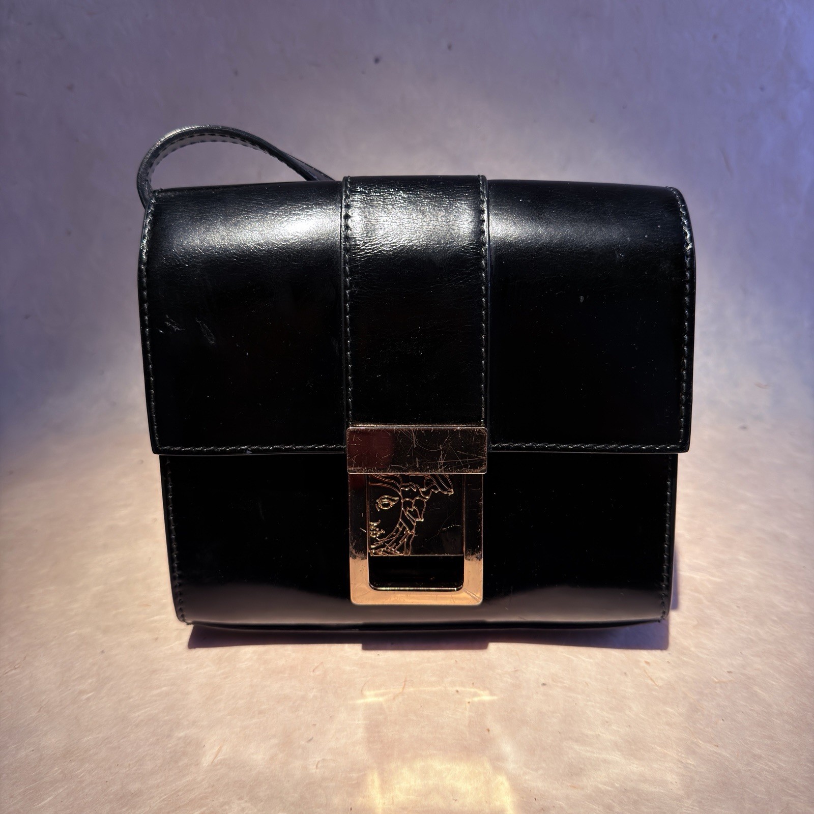 Authentic Versace Collection Black Patent Leather Crossbody Bag Medusa Clasp