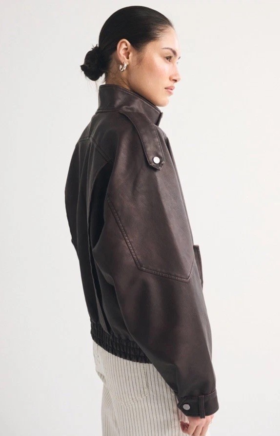 Relaxed Mock neck Vegan Leather Bomber Jacket