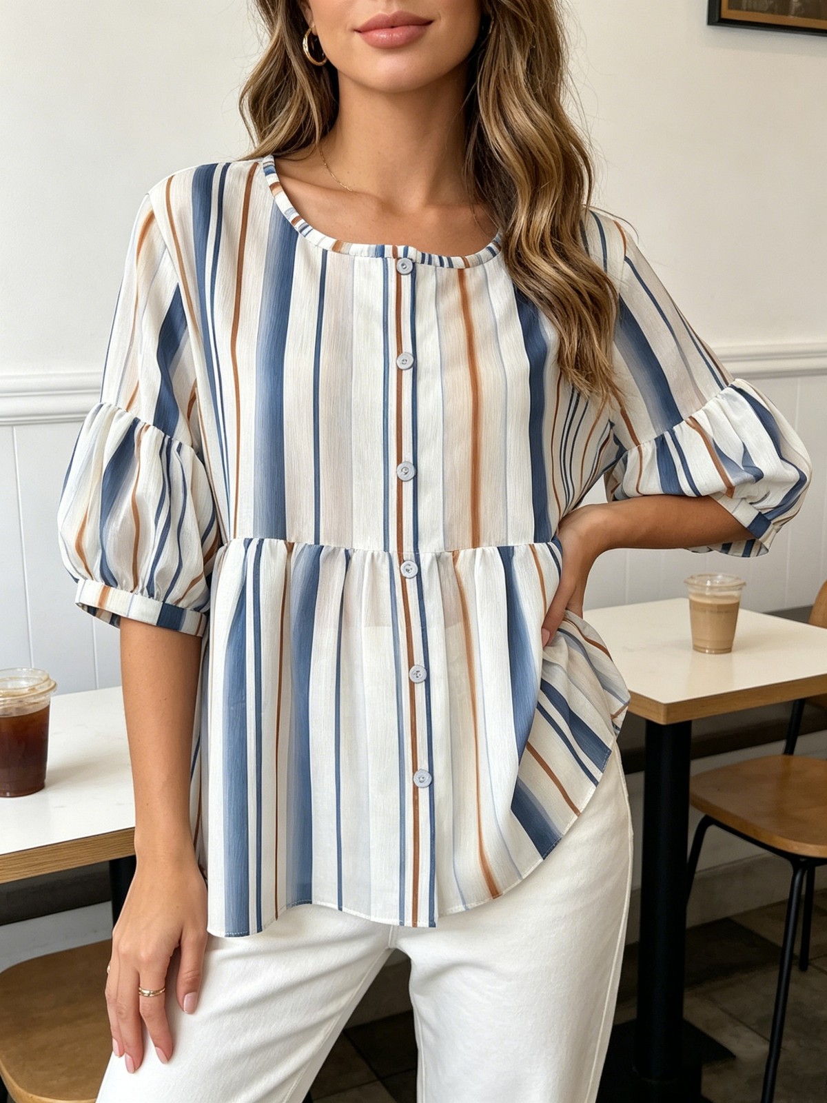 Short Puff Sleeve Crew Neck Button Shirt Light Breathable Cozy Daily Wear Blouse