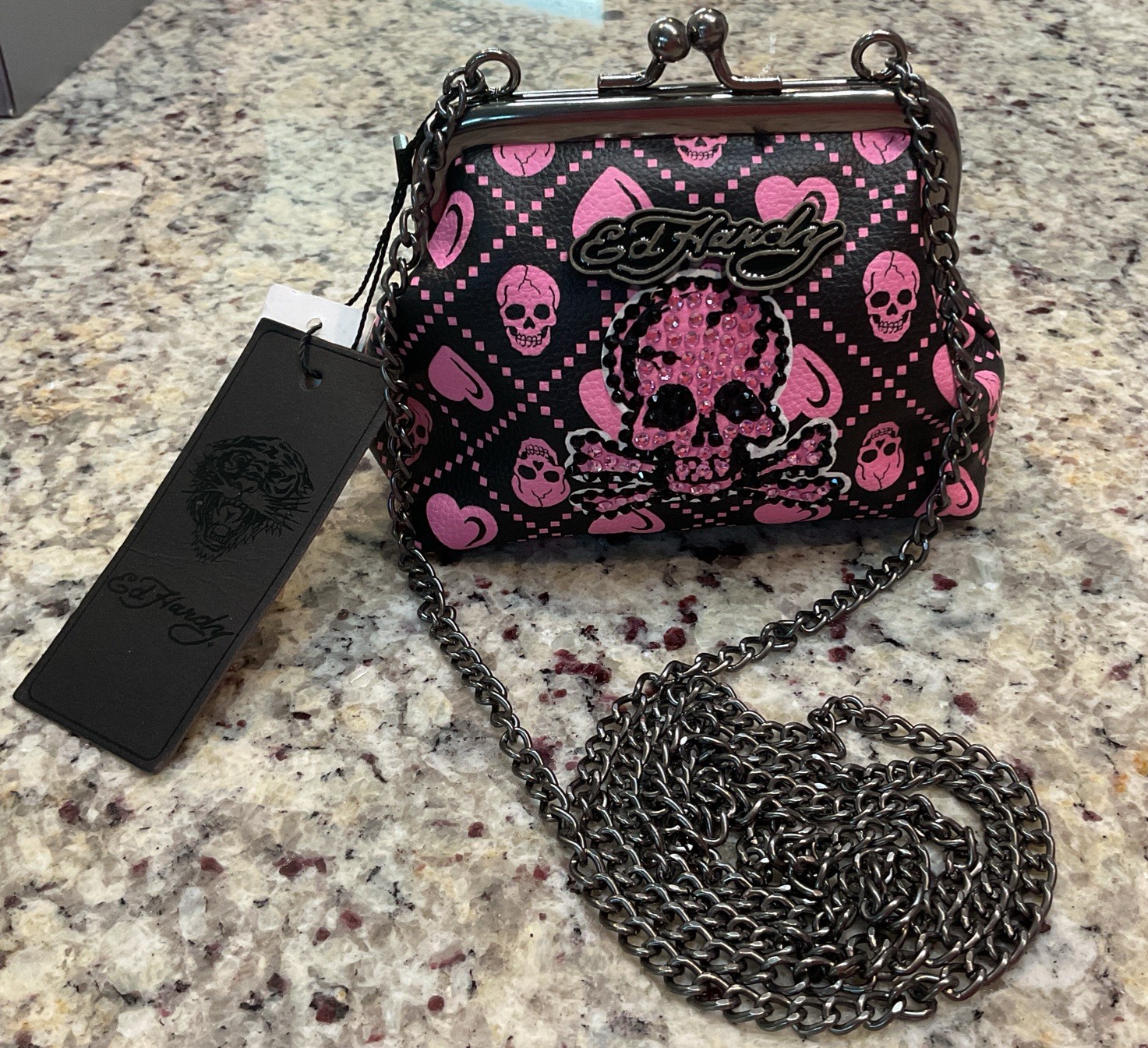 ED HARDY Skeleton Black Coin Bag Faux Leather kiss-lock closure Crossbody Chain