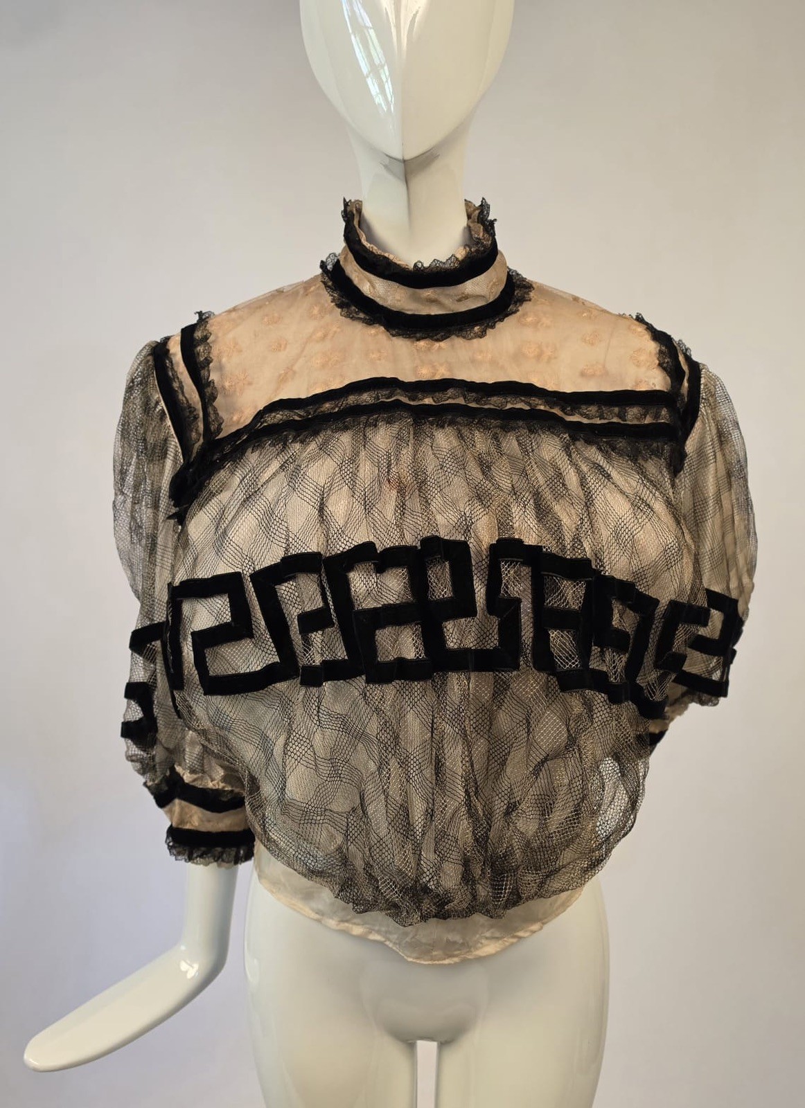 EDWARDIAN PLAID WOVEN NET BLOUSE W SILK VELVET DETAILS + HIGH BAND COLLAR
