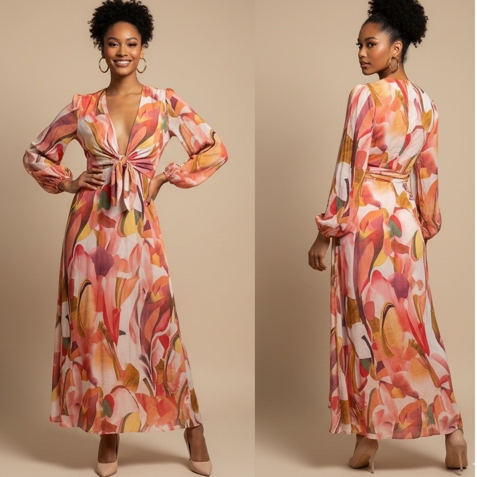 Petal & Pup Laquin Long Sleeve Maxi Dress Abstract Floral Cutout Bow Back Large