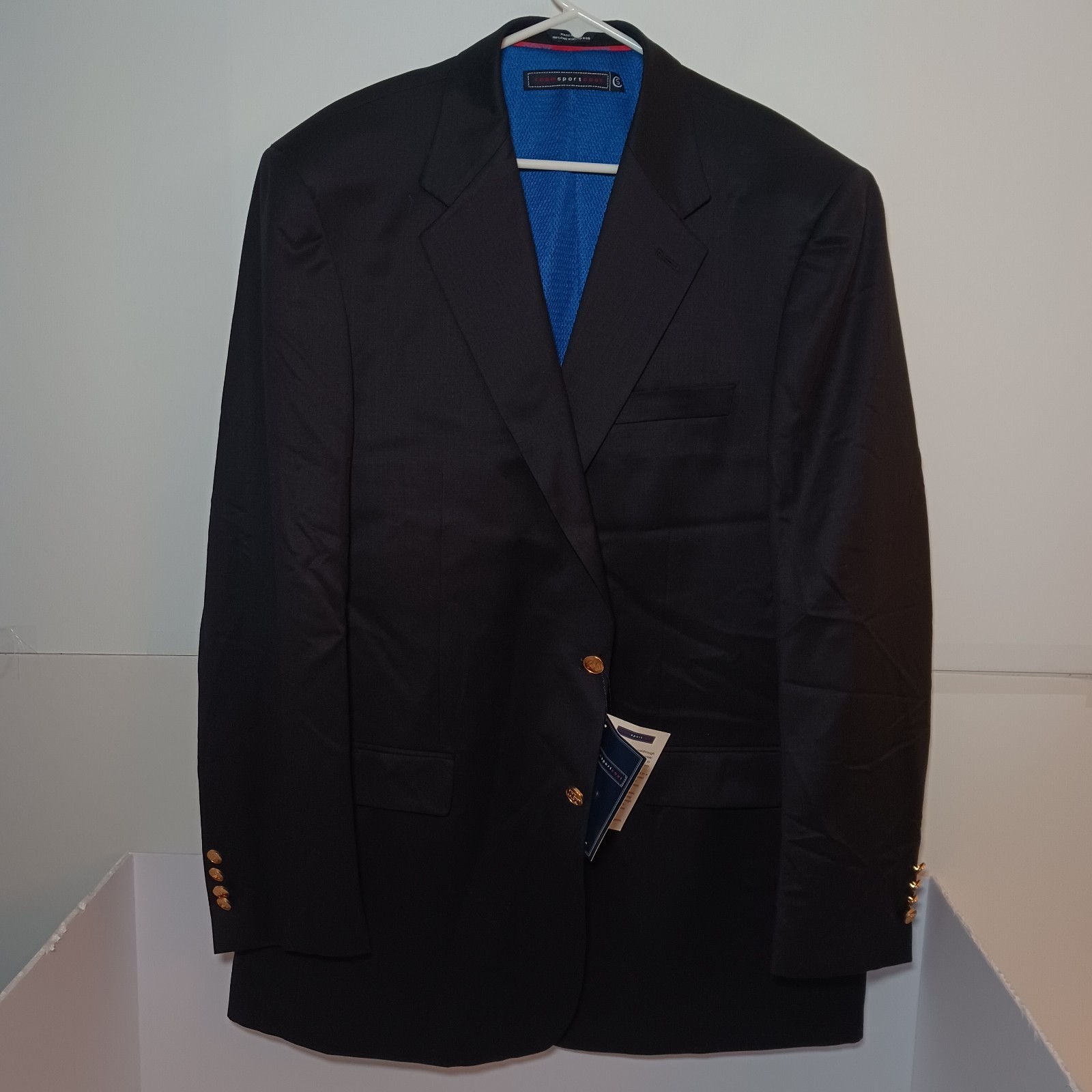 100% Worsted Wool Solid Black Sport Coat Mens 48L Kansas University Gold Buttons