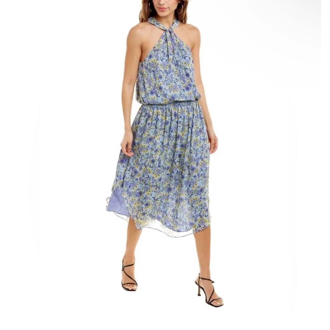 Ramy Brook Kent Floral Halter Midi Dress Blue Yellow Tie Neck Silk Look Size M