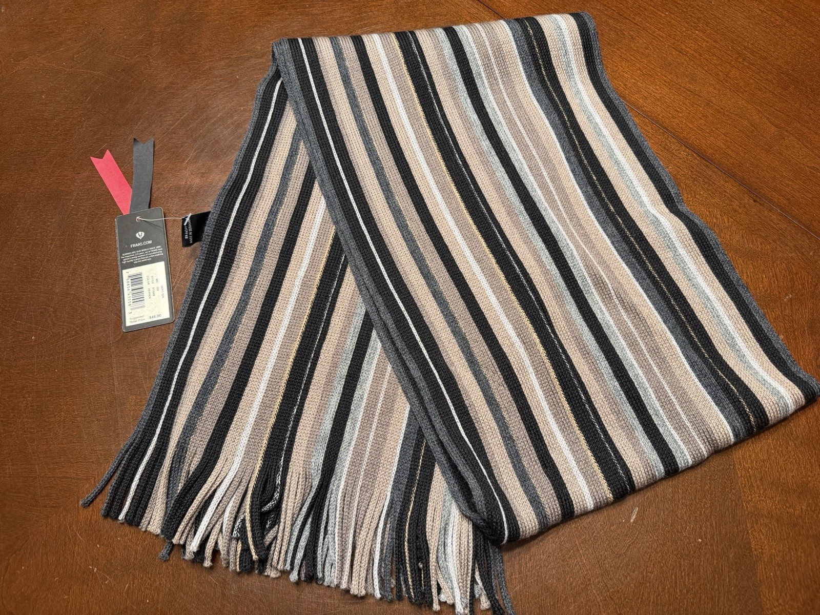 NEW FRAAS 100% Wool Scarf Pepper Black Brown Gray Tan Striped Frills 66” x 10”