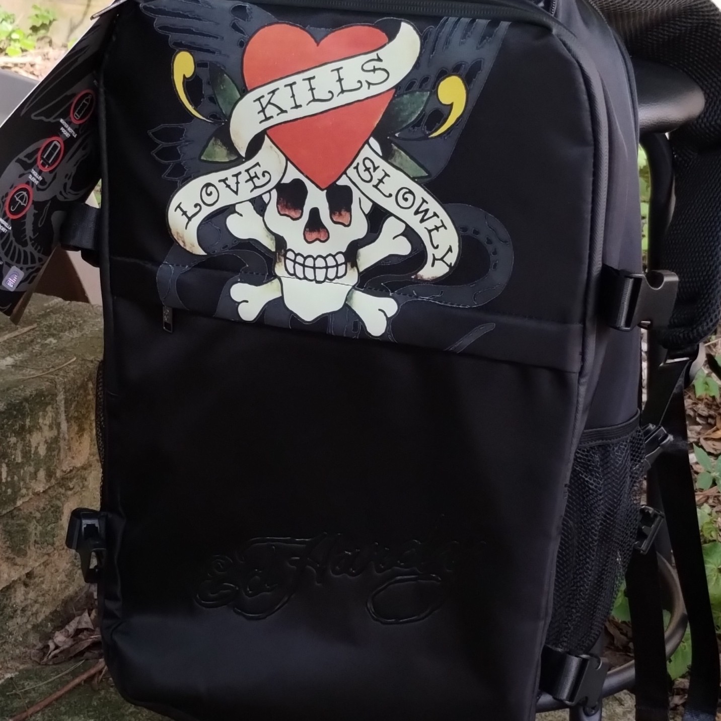 Ed Hardy Large Black Backpack Skull Heart Graphic Print Zip Buckle Pockets