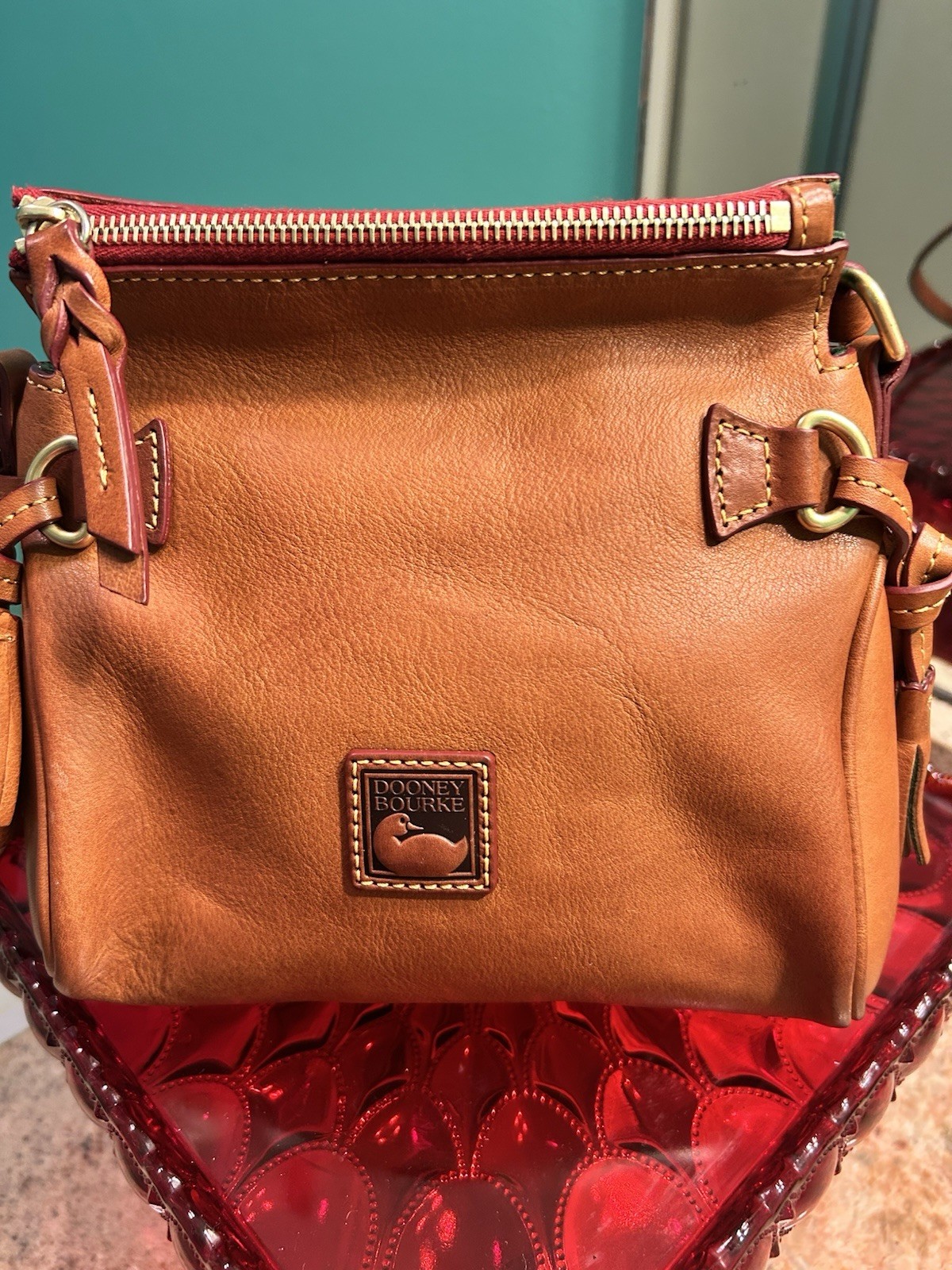 Dooney & Bourke Small Brown Satchel Top Handle Zip Tassel Strap Gold Red